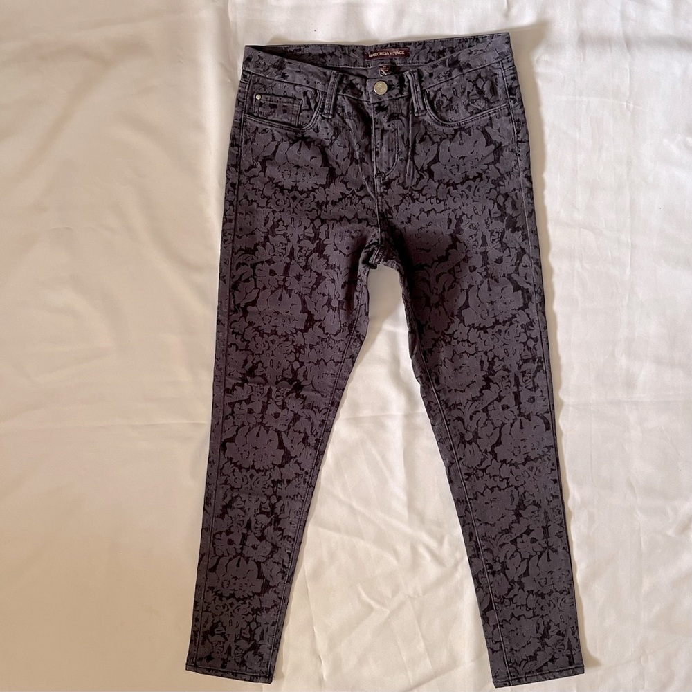 Marchesa Voyage Navy Size 28 Print Velvet Skinny Pants. New With Tag.